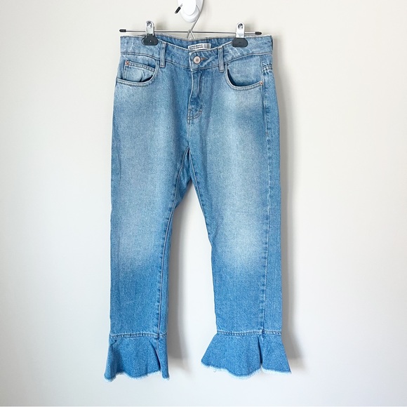 Zara Denim Frill Ruffle Cuff Raw Hem Cropped Jeans Light Wash 2 - Picture 3 of 13